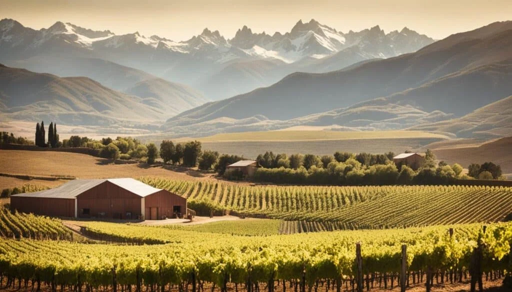 Viñedos de Bodega Labiano con vista al Cañón del Atuel, Mendoza.